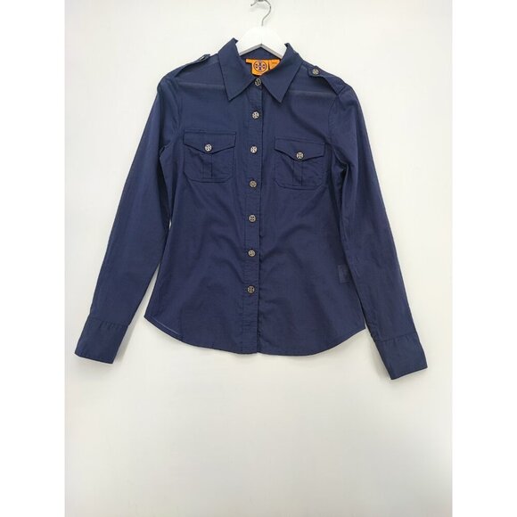 Tory Burch Brigitte Roll Tab Navy Blue Cotton Blouse Size 8 - Picture 1 of 11